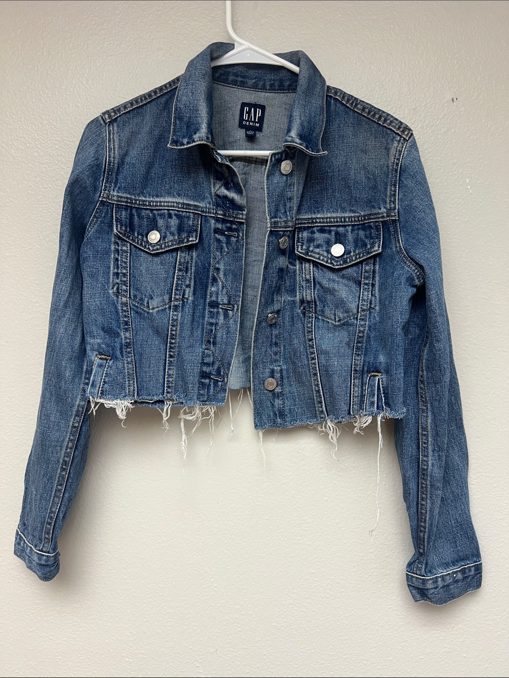 GAP Jean Jacket Denim Cropped Button Up Jean Jacket Distressed Indigo Blue S